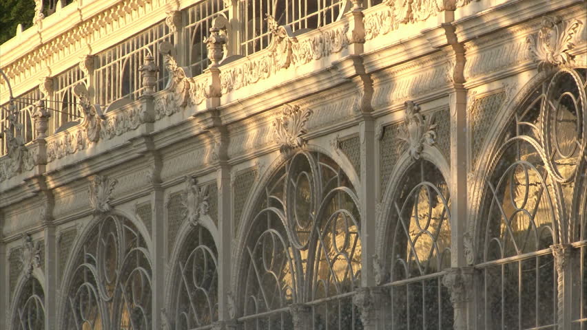 Exterior of pseudo-Baroque cast iron unique City Colonnade in Marianske Lazne (West Bohemia, Czech). Zoom out, panning.