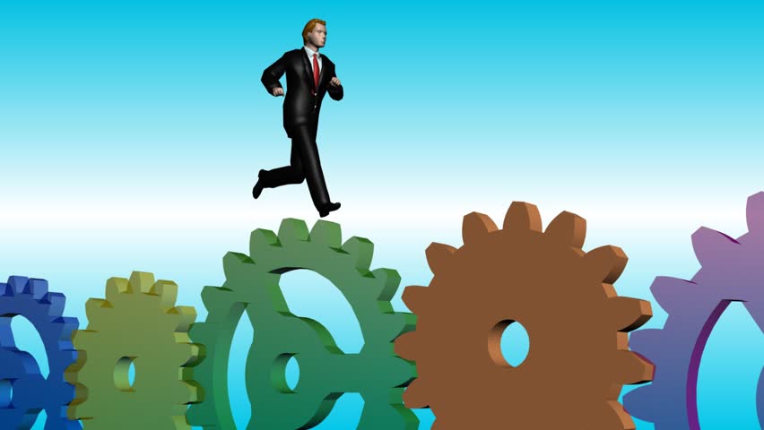 Businessman runs on rotating gears of mechanism on sky background 
