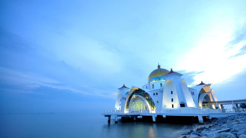 The sun sets over The Selat Melaka Mosque on September 21, 2009 at Malacca, Malaysia. 