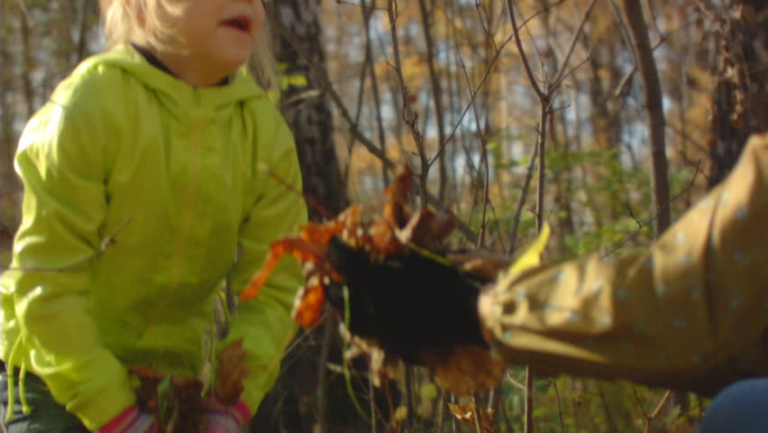 Sequence of slow motion shots happy mum and the little girl throw autumn leaves.