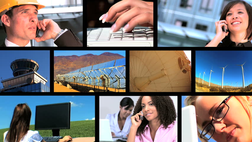 Collection of business people and renewable energy sources in a montage