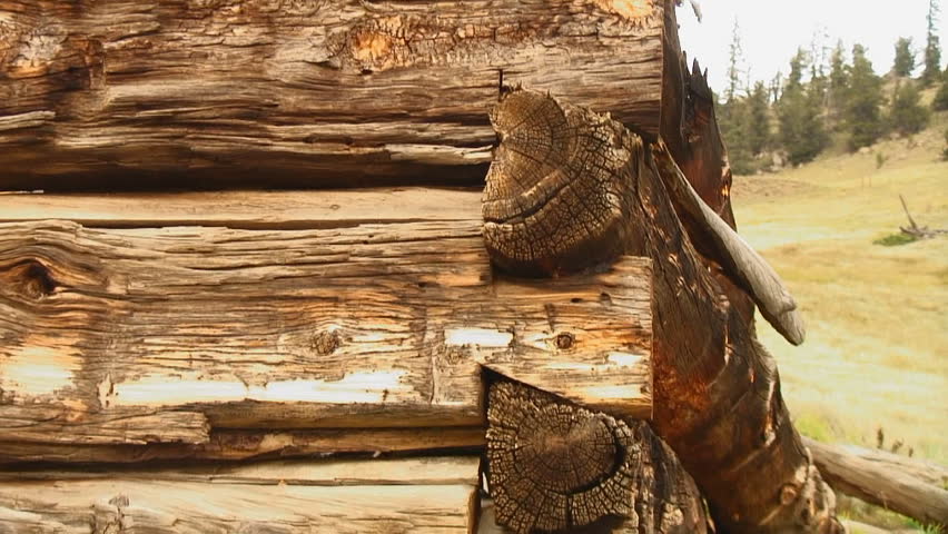 Corner detail on on old abandoned mountain log cabin.
