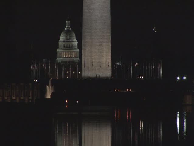 Nightshot with Reflecting Pool, base of Washington Monument and the US Capitol on the Mall. Taken from Lincoln Memorial