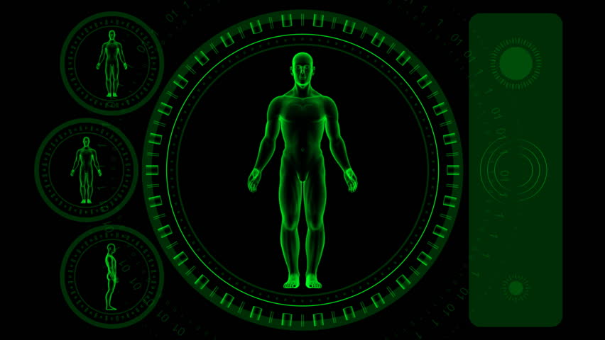 Man Scan Screen - Hi-tech 06 (HD) - 3D animation. Medical, scientific, sci-fi, crime or hi-tech background. Screen with spinning man body and rings. Alpha included. Loop.