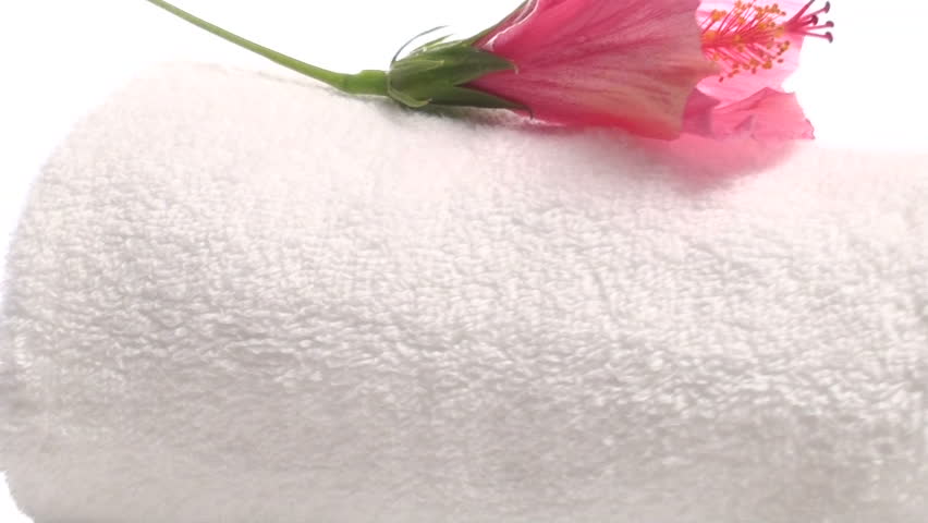 Spa towel and pink hibiscus flower isolated on white zoom out
