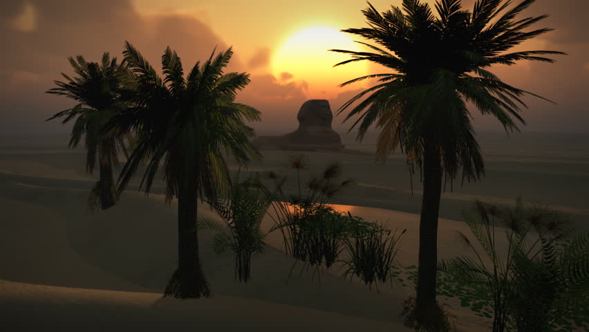 (1150) Egyptian Sphinx Desert Sand Palm Oasis Sunset Clouds LOOP Themes for Africa, Egypt, Travel, Destinations, Tourism, Desert, Extreme, Arabia, Nature, Environment, Oil, Antiquities