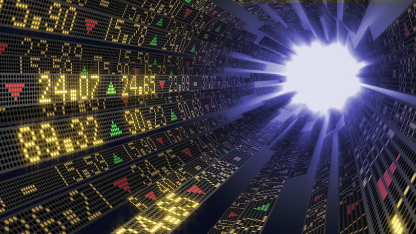 Stock market tickers on circular boards arranged as a tunnel and sliding toward the light at the end 