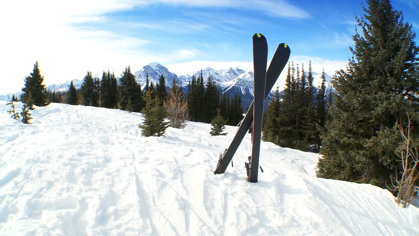 Crossed carver downhill skis standing in fresh clean snow in snowy mountain landscape