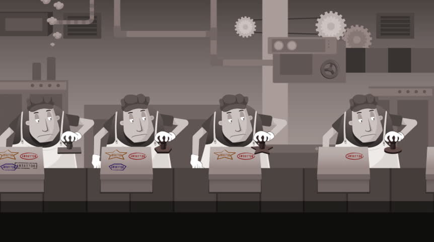 Factory workers stamping package Men working inside a factory NTSC