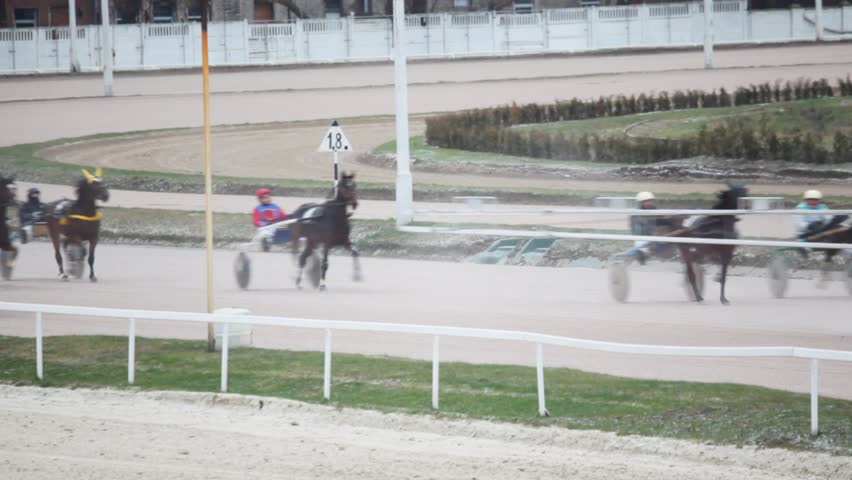 off-road car on hippodrome goes ahead of teams with horses and jockeys to them 