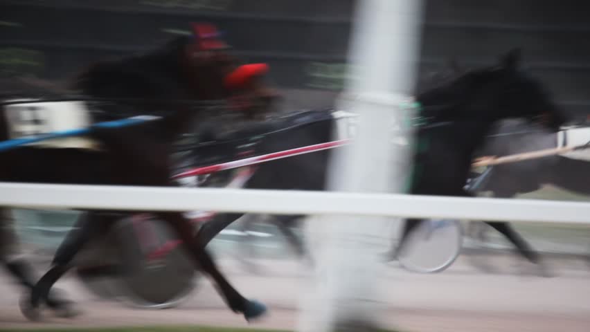 some equestrians on running horses compete on hippodrome 