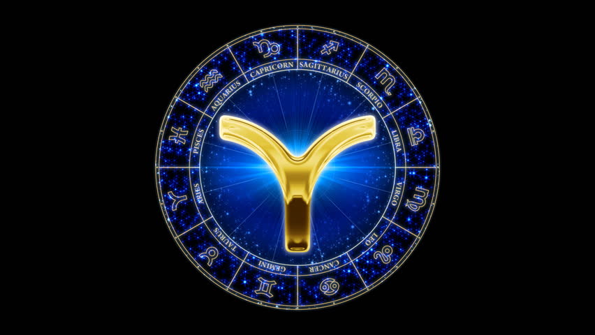 Aries zodiacal symbol on constantly zooming starry background. Loop-able. Has mask.