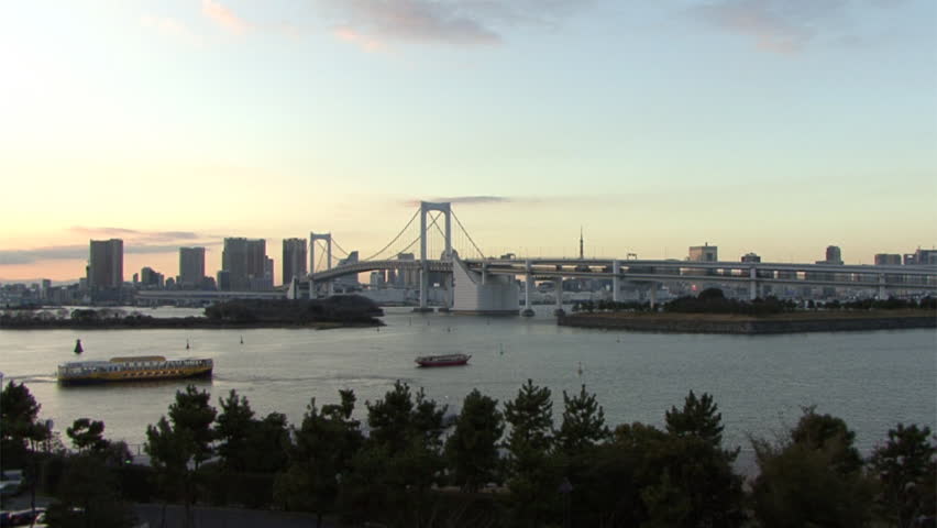 The famous Rainbow Bridge seen from Odaiba, Tokyo.