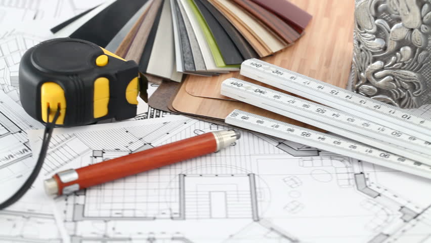 color samples of architectural materials - plastics, metric folding ruler,architectural drawings of the modern house & tape measure