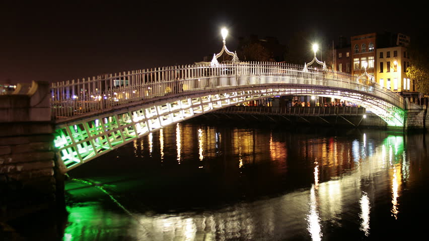 Famous Ha'penny bridge time lipse at night, Dublin, Republic of Ireland
