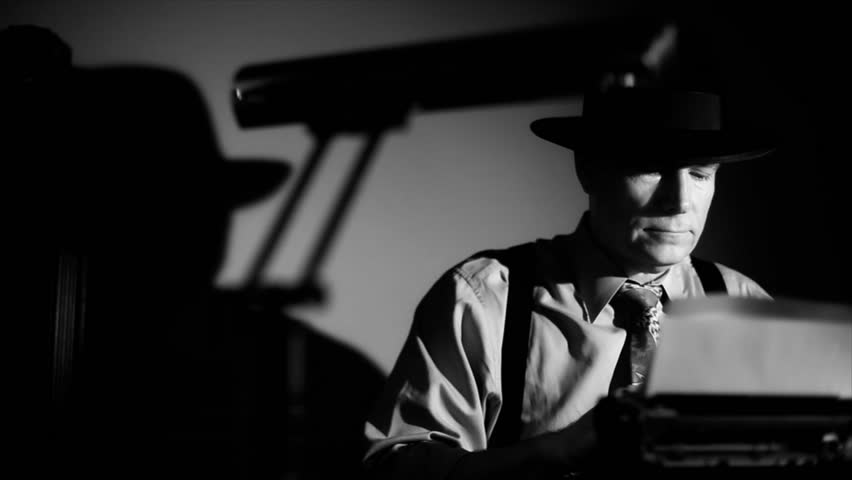 A man in a fedora, typing on a vintage manual typewriter. Film Noir