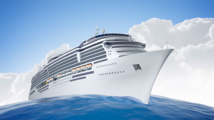 A 1080p HD video of a luxery cruiseship sailing the waters with fisheye lens distorted ocean