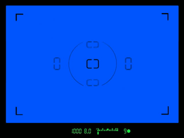 Looking through a digital SLR camera viewfinder standard definition NTSC. Contains a mock viewfinder display with focus confirmation, aperture, shutter speed and exposure. Must use chromakey software.