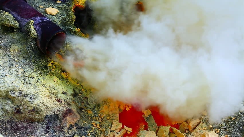 Close view on sulfur mine at Ijen crater. East Java, Indonesia.