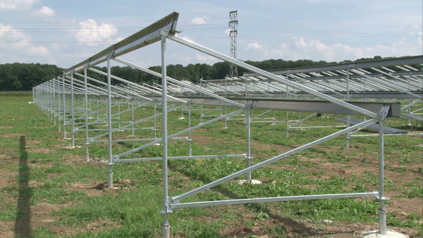 Assembling construction of solar power plant. Time lapse, fast motion. 