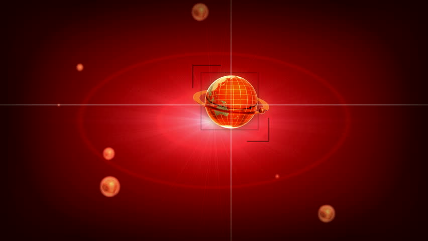 Computer-rendered animation for astronomical TV channel with red earth and galaxies. 