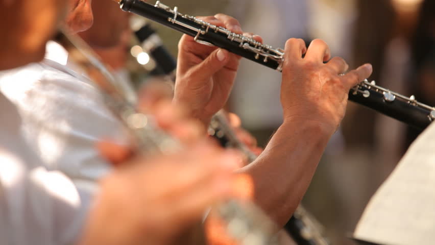 Musician plays the flute. Flutist professionally playing the flute in the orchestra. The foreground is blurred.