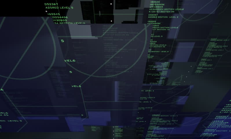 Fixed camera. Wide angle.  Volume lighting. Transparent, futuristic squares with green text readout floating toward the camera at an angle.