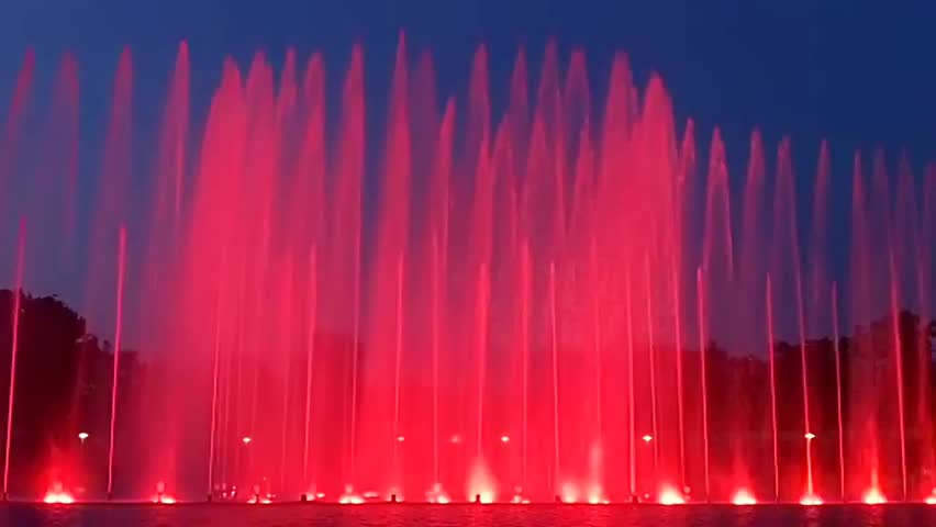 Show of musical fountain next to the Centennial Hall in Wroclaw, Poland