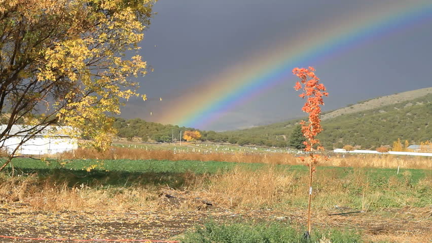 Autumn leaves falling and beautiful rainbow shinning on city cemetery. Mountains and hills in background. 