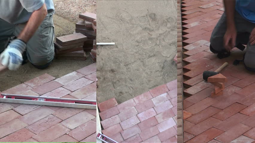 Man lays brick in backyard, do-it-yourself, garden path project, three shots, sequence montage. 1920x1080