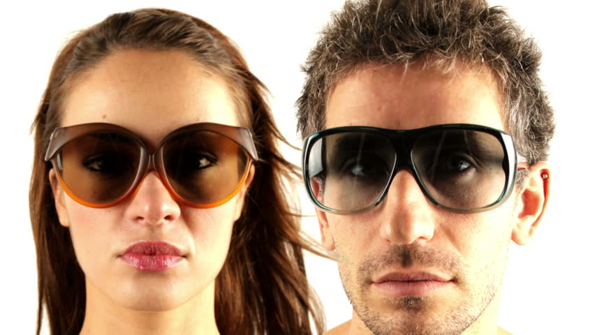 stop-motion of a man and woman wearing different retro sunglasses
