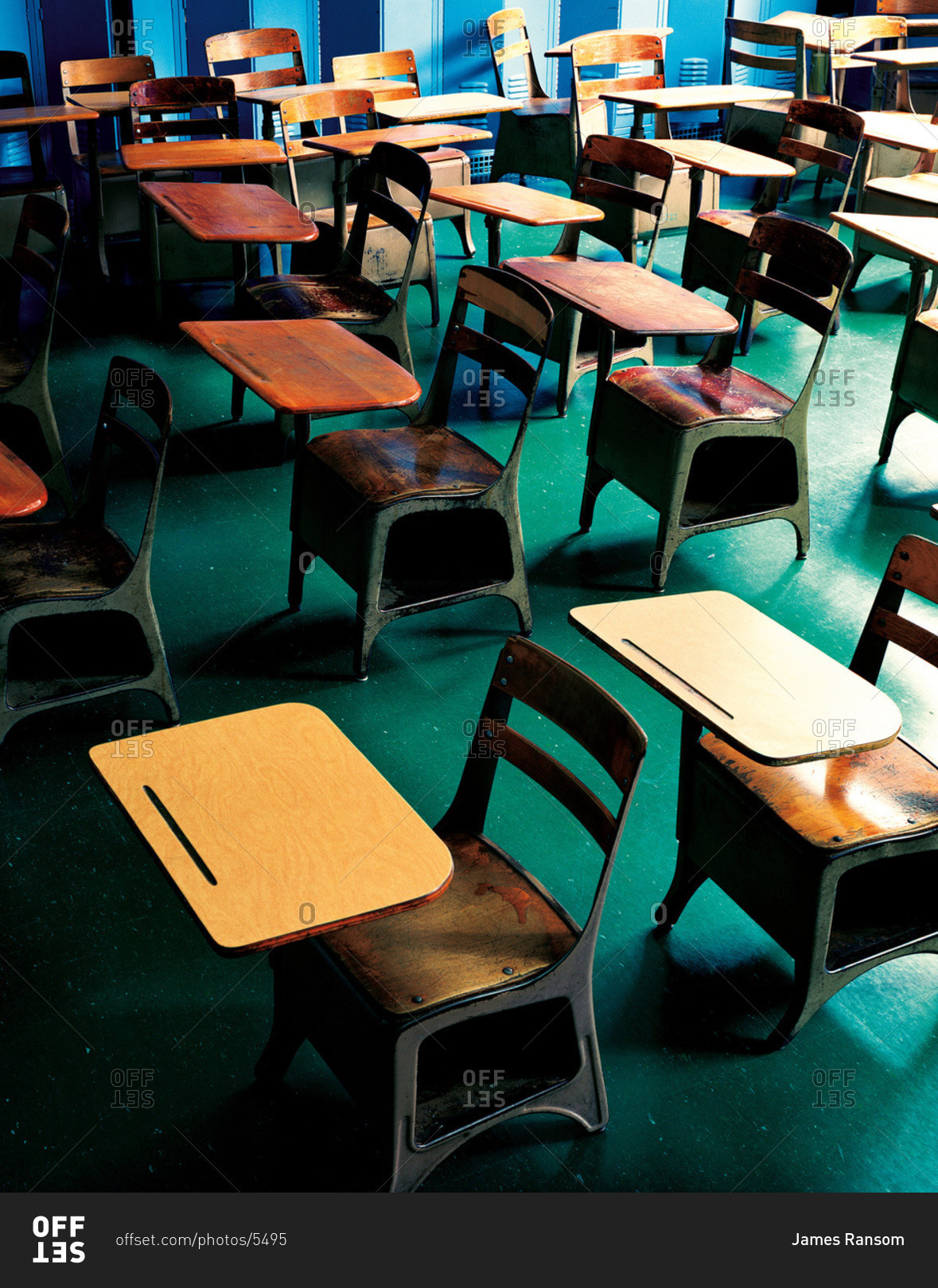 Retro school desks in a classroom