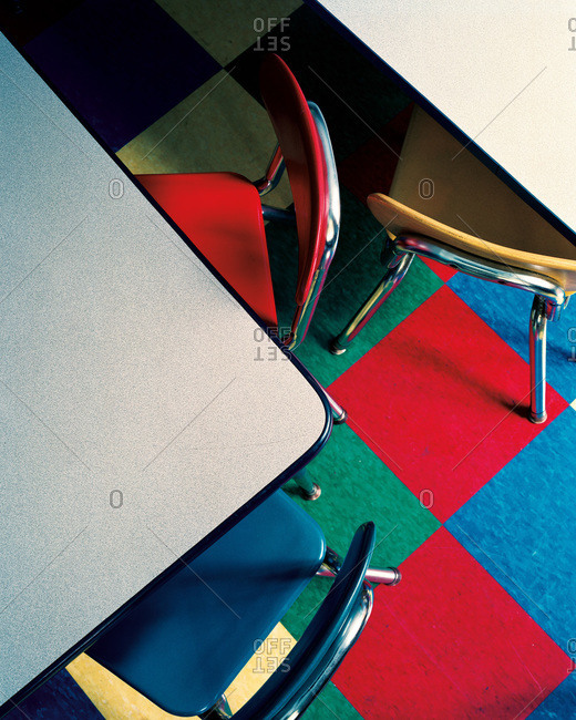 Overhead view of tables and chairs in a classroom