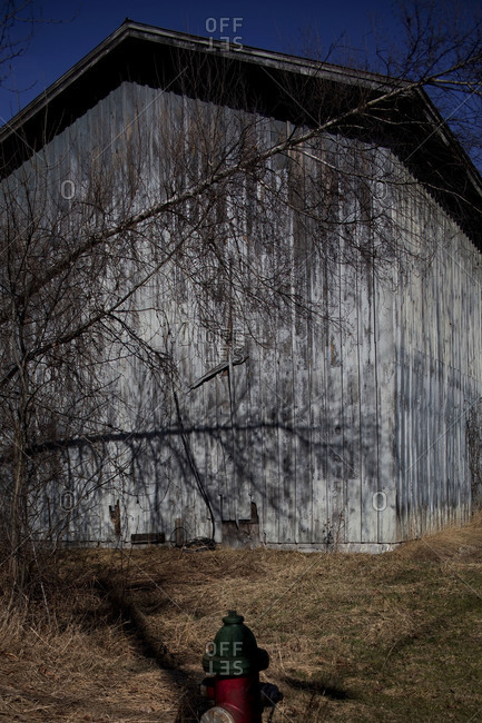 Trees shadow on side of barn with red fire hydrant