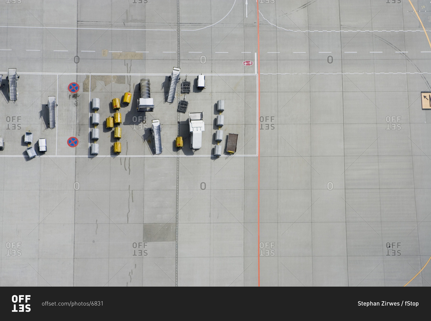 Aerial view of tarmac markings and equipment at airport stock photo ...