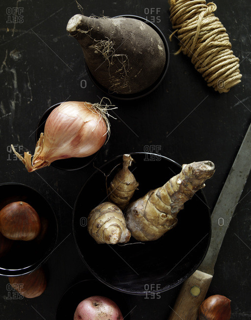 Still life of a different root vegetables from above.