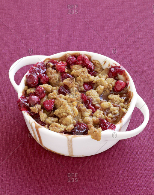 Delicious bowl of cherry cobbler from above.
