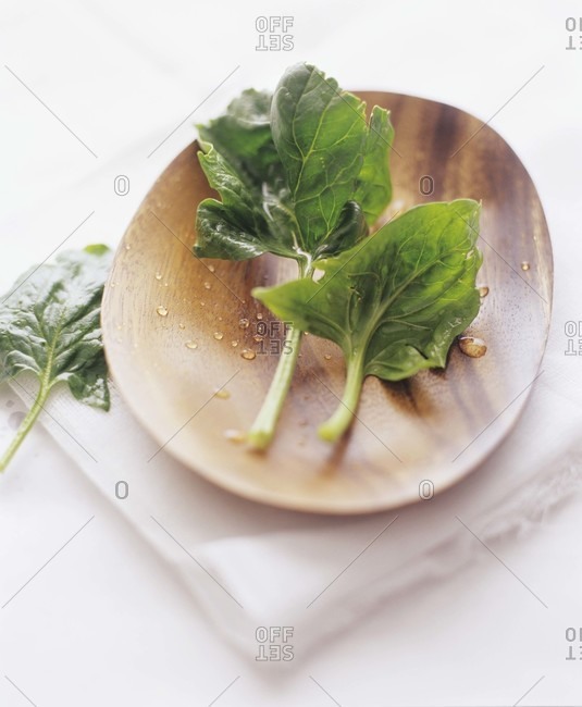 Wet spinach leaves on a wooden tray