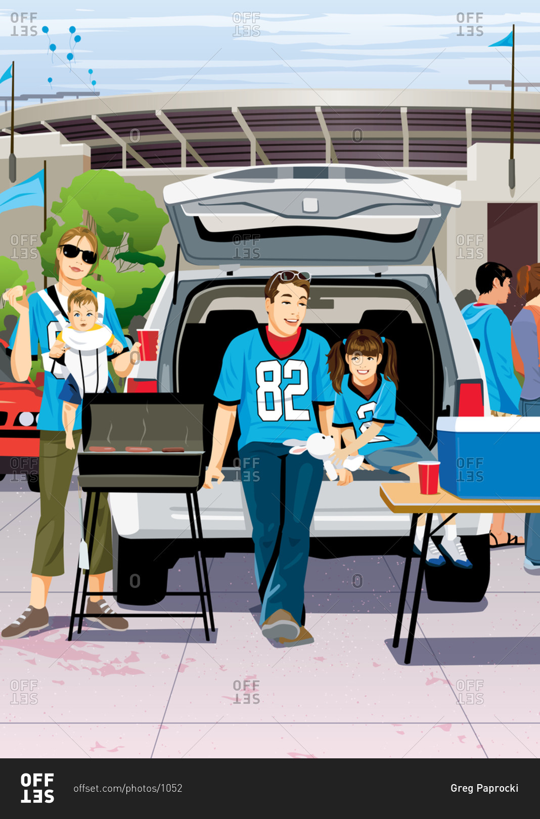 Family tailgating with grill and cooler out of the back of SUV in front of stadium