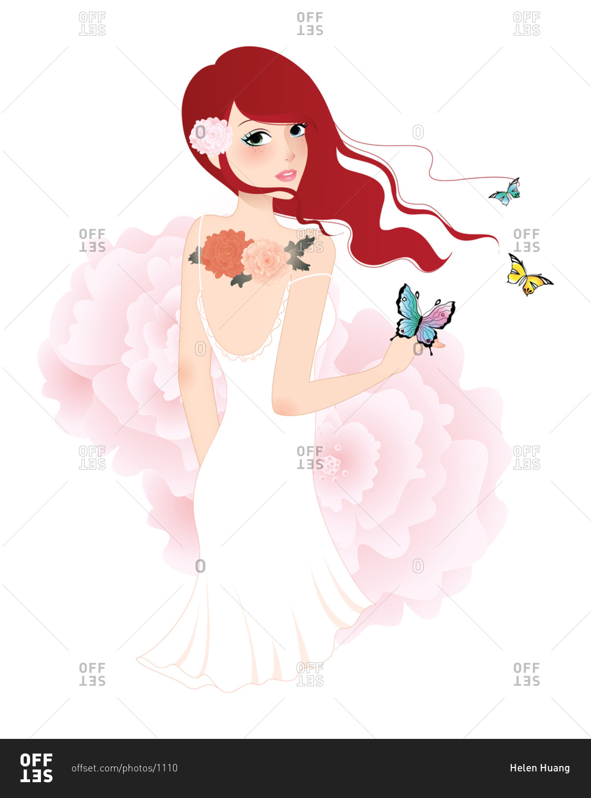 A red-haired young woman with flower tattoos surrounded by butterflies
