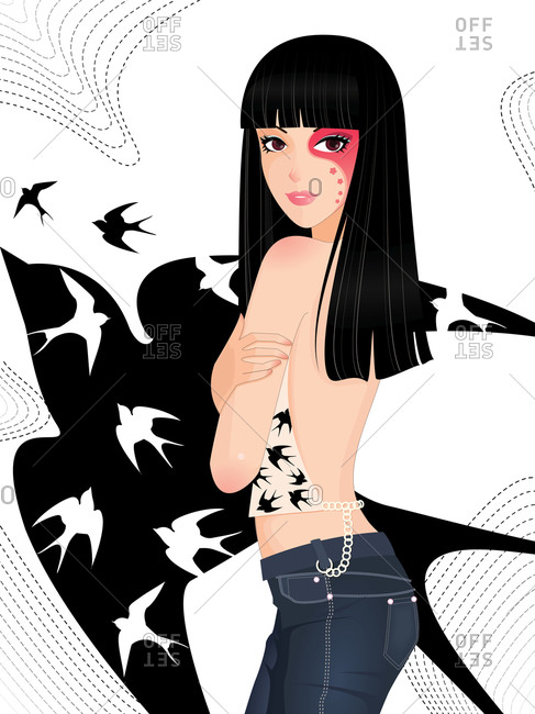 A fashionable young woman with a swallow motif