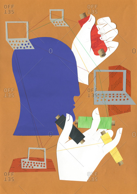 Illustration of a head surrounded with computers and hands holding sewing-threads