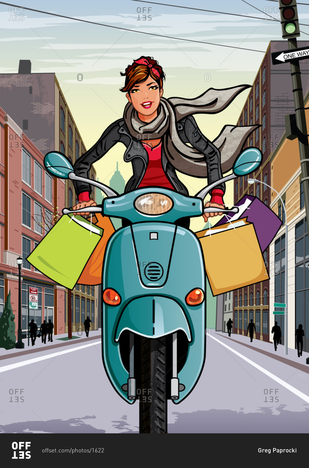 Women on moped driving on urban street with bags