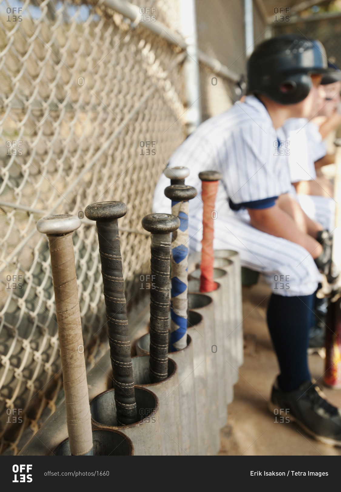 USA, California, Ladera Ranch, Boys (10-11) from baseball sitting on dugout