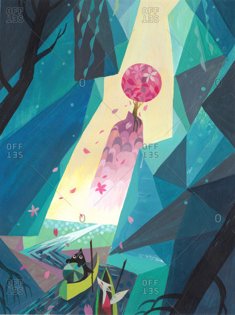 Mice on an adventure canoeing towards the cherry blossom mountain