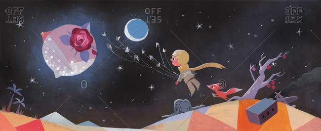 A little boy flying to the moon