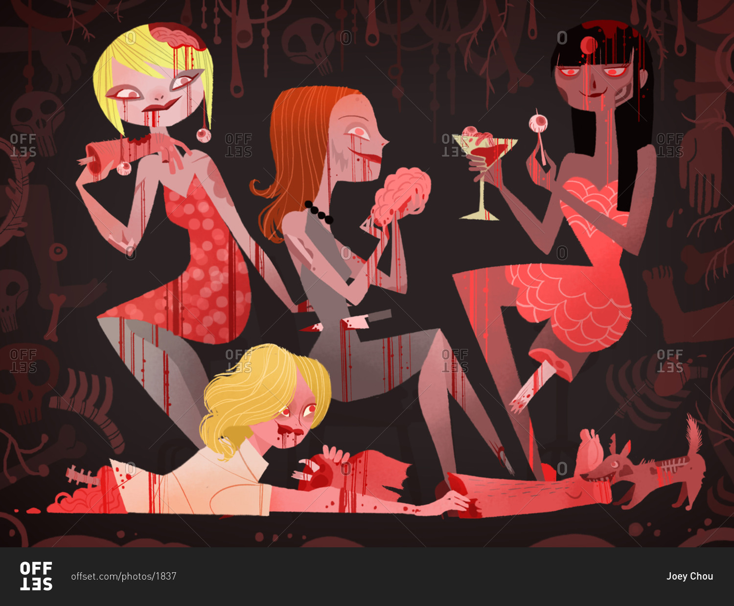Female zombies in party dresses feasting on human flesh and eyeball cocktails