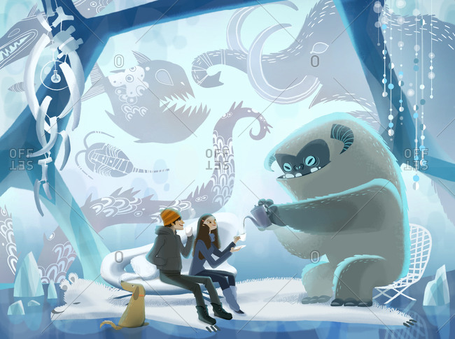 Couple enjoying tea with yeti