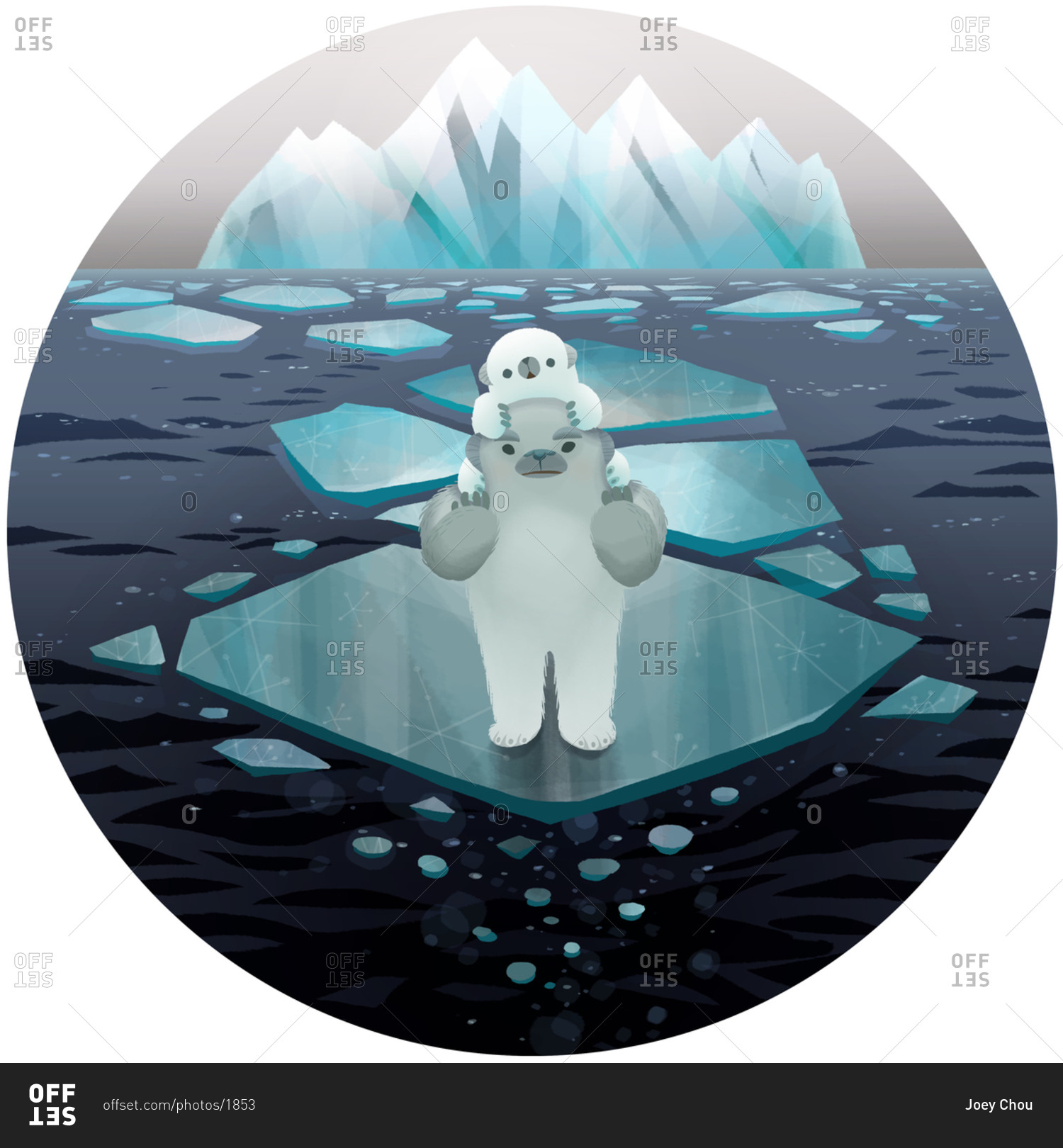 Cute yeti bear with yeti bear child standing on ice in the arctic