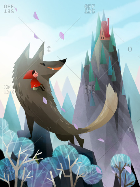 Young girl sitting on a wolf looking at a house placed on a mountain peak
